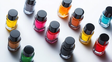 Isolated image of a set of nail polish bottles on a white surface, perfect for beauty product marketing.
