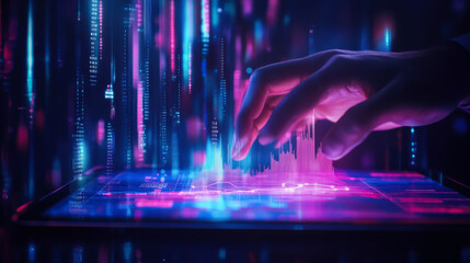 Innovative technology concept with hand interacting with digital interface and colorful data visualization