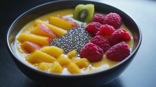 A bowl of mixed fruits with granola and seeds, suggesting a healthy breakfast or snack.