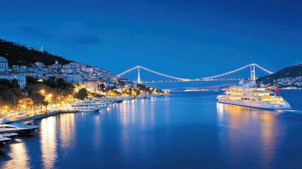 Obraz premium A nighttime view of the Bosphorus in Istanbul, the illuminated Bosphorus Bridge glowing with vibrant lights, lights reflecting on the calm waters, yachts and ferries moving, a romantic atmosphere