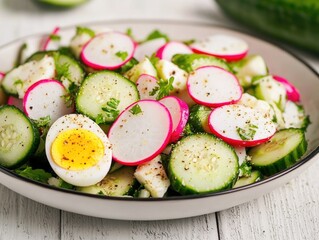 Delicious salad made of fresh radishes, cucumbers, and boiled egg. Garnished with herbs for a healthy and refreshing meal.