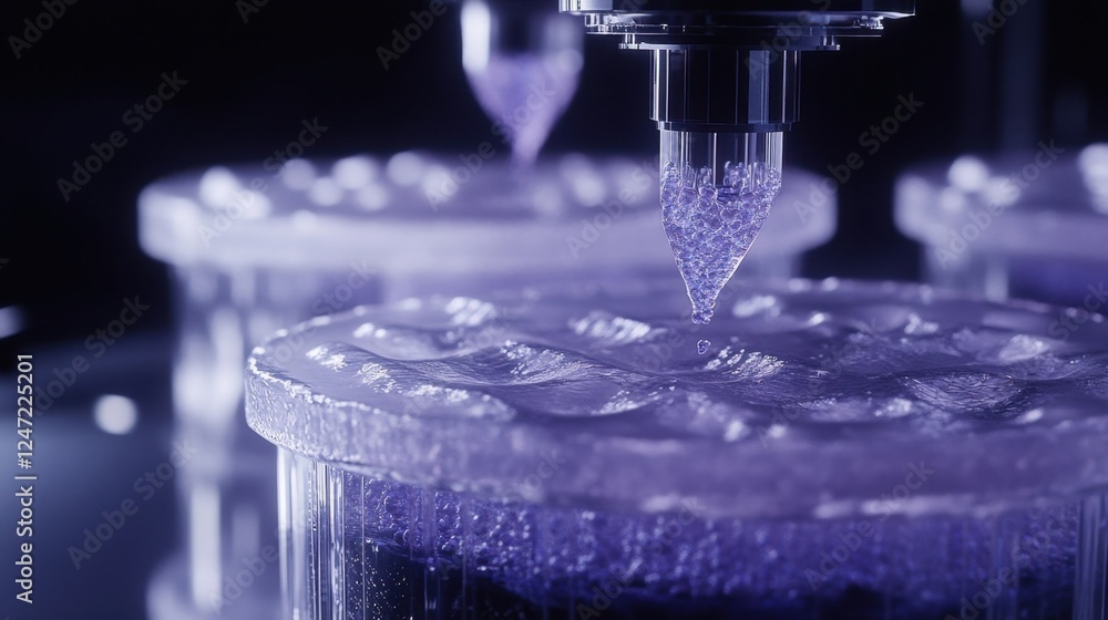 Poster close up of a 3d printer creating intricate structures for scientific research. the process involves