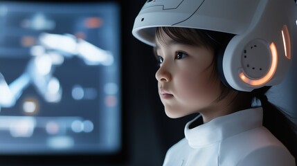 Future Dreams: A young girl, eyes wide with wonder, gazes intently towards the horizon, clad in futuristic attire and a sleek helmet, her imagination soaring with possibilities.