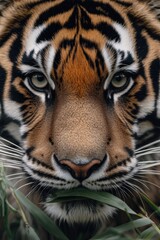 Naklejka premium Close-up of a Bengal tiger in natural habitat, consuming foliage.