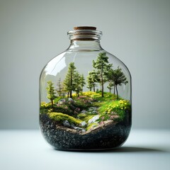 Small decoration plants in a glass bottle/garden terrarium bottle/ forest in a jar. Terrarium jar with piece of forest with self ecosystem in modern interior. How to make a terrarium -