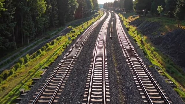 capturing a drone&rsquo;s smooth flight along an expansive set of railway tracks, stretching endlessly into the horizon. 