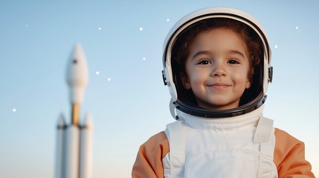 Future Astronaut: A smiling child, wearing an astronaut suit and helmet, dreams big with a rocket launching into space in the background. The photo evokes a sense of wonder and inspiration. - Powered by Adobe
