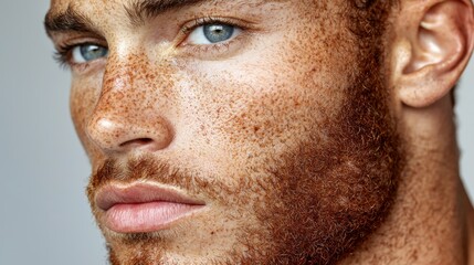Fototapeta premium Close-up Portrait of Male with Freckles and Acne Scars Framed Against Neutral Background