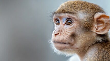 Obraz premium Young monkey portrait, thoughtful gaze, blurred background, wildlife photography