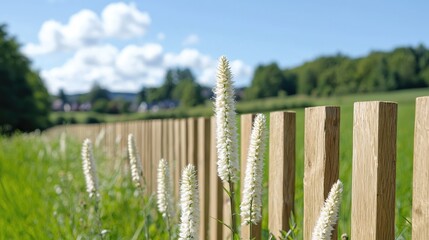 White flowers by wooden fence, rural landscape