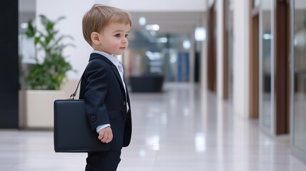 Toddler in Suit with Briefcase: A cute toddler in a perfectly tailored suit carries a briefcase, showcasing a humorous juxtaposition of age and professionalism.