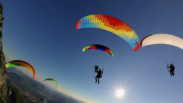 capturing the exhilarating moment as paragliders launch from a towering mountain peak, soaring gracefully above breathtaking landscapes. 