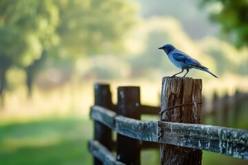 A bluebird landing on a wooden fence post, looking around curiously