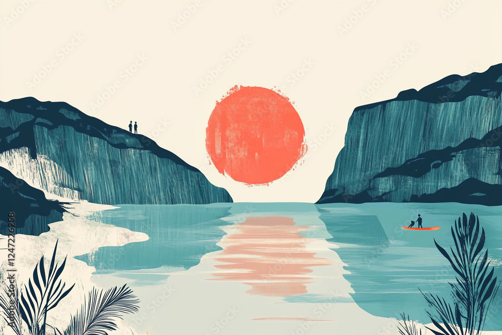 Aufkleber sunset over serene bay with figures on cliffs and a kayaker enjoying the tranquil waters surrounded 