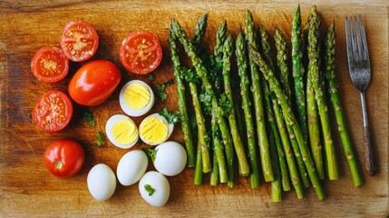 Colorful and nutritious ingredients including eggs, asparagus, tomatoes, and other vegetables and fruits are lined up on a wooden cutting board in preparation for cooking.