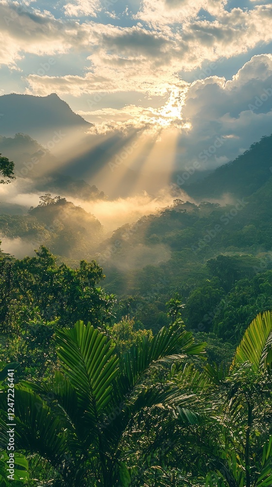 Poster vibrant rays of sunlight stream through the dense clouds, illuminating the rich green foliage of a t