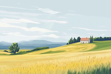 Minimalist vector illustration depicting a serene landscape with rolling hills, a quaint house, and a vast field during the daytime. Generative AI