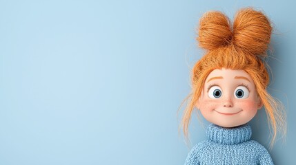 Happy girl cartoon, blue background, space for text, winter sweater