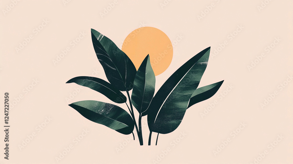 Poster vector illustration of green leaves against a warm sandy background featuring a subtle sun element, 