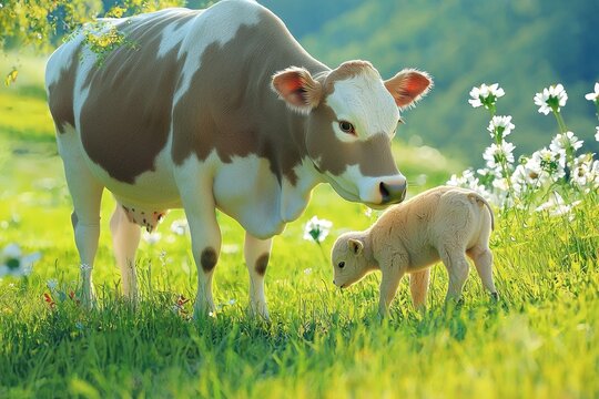 A cow with a calf grazing peacefully in a quiet meadow