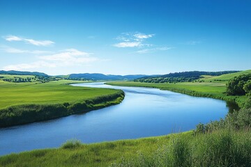 Serene blue river meandering through lush green fields under a bright blue sky, surrounded by rolling hills and vegetation