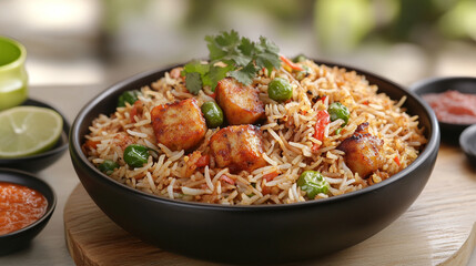 A vibrant, blurred image of a Biryani dish symbolizing the rich flavors and cultural significance of Indian cuisine, with space for captions and a chaotic yet modern tone