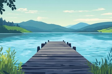 Fototapeta premium A wooden pier extending into a tranquil lake, surrounded by lush green hills and distant mountains under a clear sky