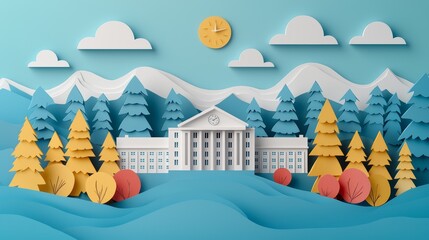 Naklejka premium Colorful Craft Design of a Green School Building Surrounded by Nature