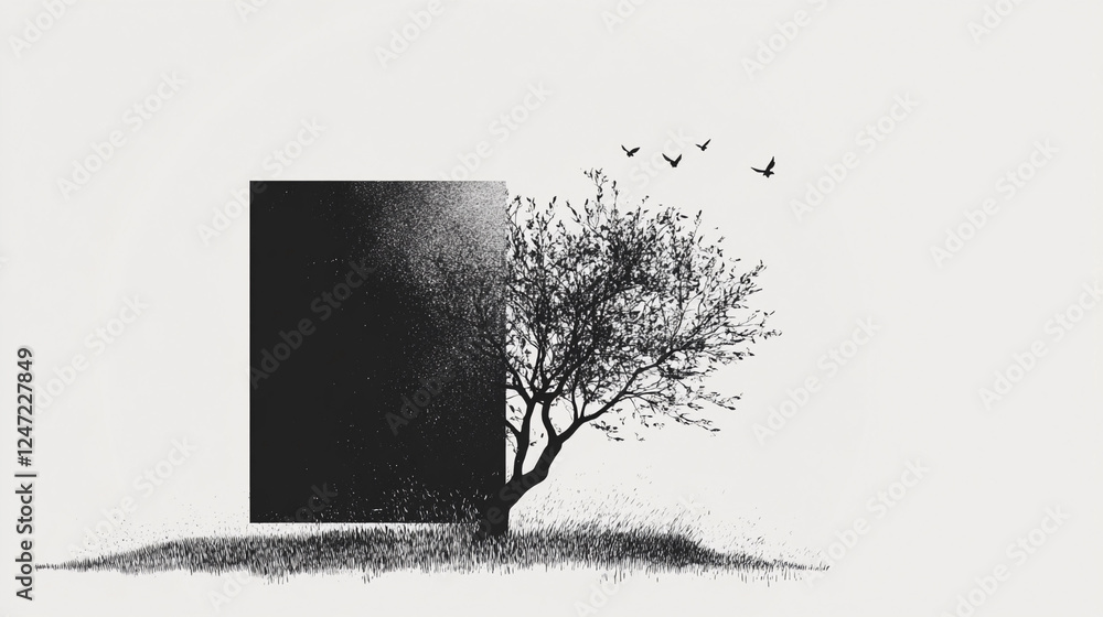 Aufkleber abstract representation of a tree and a dark rectangular shape with flying birds in a minimalistic v