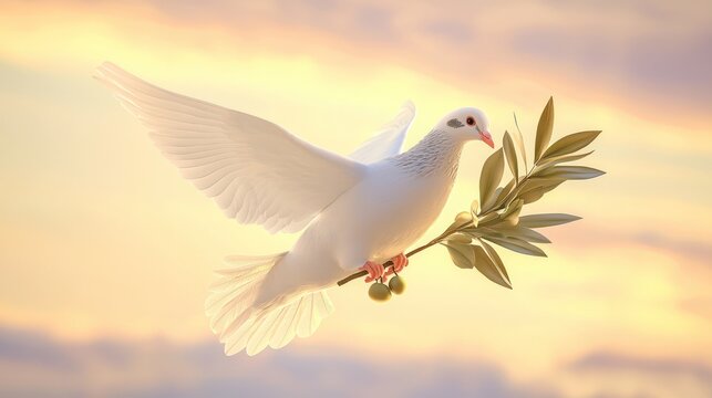 A dove carrying an olive branch, symbolizing peace and kindness across the sky