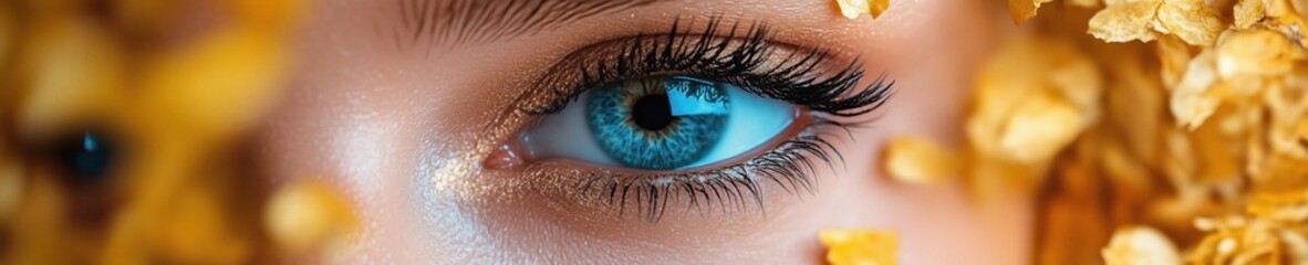 Close-up of an enchanting blue eye surrounded by vibrant golden flowers during a sunny day outdoors