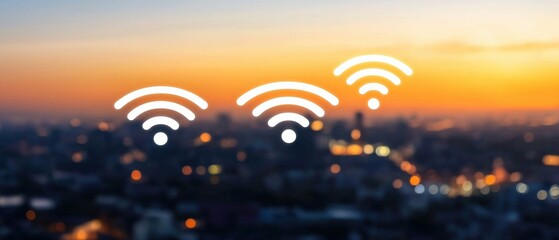 Enhancing connectivity wireless signal visualization over urban landscape at sunset digital art aerial view technology insights