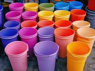 Multi-colored five gallon buckets for storage. Organizing gardening supplies or landscaping equipment.