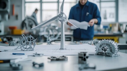 Fototapeta premium Small scale wind turbine model is placed on blueprints in an engineering laboratory while industrial designers are working in the background