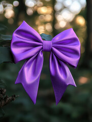 vibrant purple satin bow hanging on tree branch, surrounded by blurred natural background. soft texture and rich color create striking visual contrast