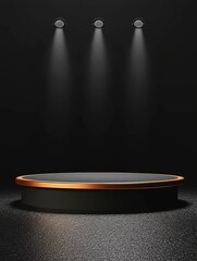 Sleek Dark Podium with Gold Highlights Illuminated by Spotlights in a Studio Setting