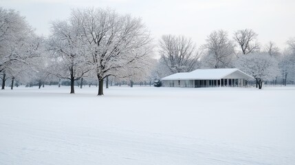 Obraz premium Snowy landscape, winter house, trees, field, tranquil scene, postcard