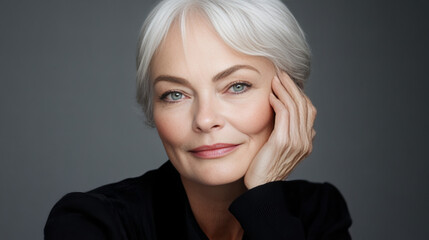 Portrait of a senior Caucasian woman with silver hair, gently touching her face, showcasing natural beauty, aging gracefully, and confidence in a minimalist studio setting