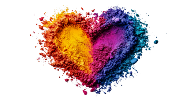 Heart shape created with vibrant Holi powder, featuring a mix of warm and cool tones, isolated on a transparent background.