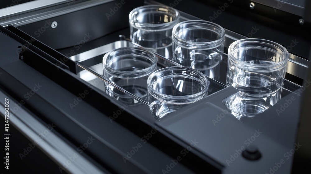 Poster transparent glass containers neatly arranged in a laboratory setting, reflecting the precision and o