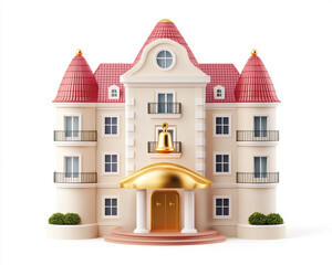 Naklejka premium Luxurious European-style mansion featuring symmetrical design, red rooftops, sophisticated architectural details