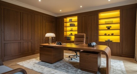 A luxurious CEO office interior with a modern wooden desk featuring curved edges a high backed leather chair, and warm ambient lighting