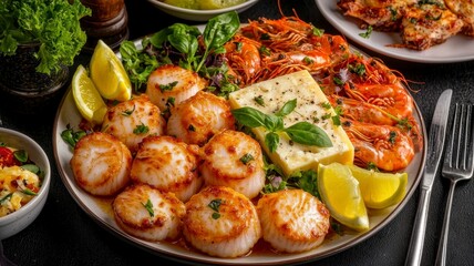 Baked scallops cheese concept. A beautifully arranged seafood platter featuring scallops, shrimp, and garnishes, served with lemon wedges and fresh herbs.