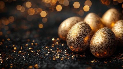 Luxurious Easter Decorations - Three Golden Eggs on Dark Background with Blank Space in the Middle (Gold Accents)