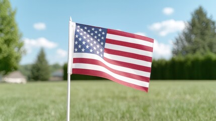 US flag waving in grassy yard, sunny day