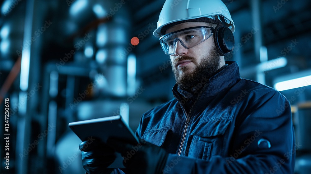 Poster a focused technician in a high-tech factory, reviewing energy consumption and production efficiency 