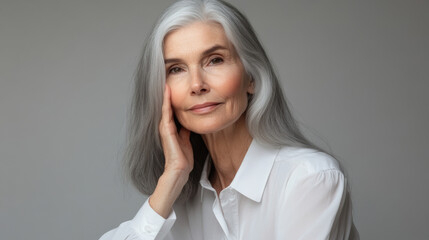 Fototapeta premium Portrait of a senior Caucasian woman with silver hair, gently touching her face, showcasing natural beauty, aging gracefully, and confidence in a minimalist studio setting