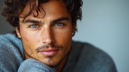 Obraz premium Confident Man with Clear Skin and Acne, Close-Up Portrait Emphasizing Expression