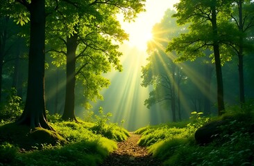 Obraz premium Sun shining through the forest.