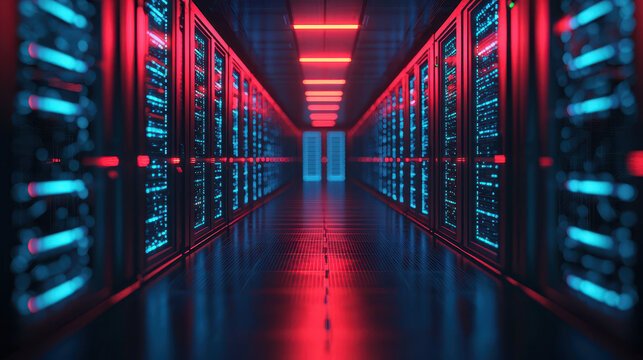 futuristic data center hallway with glowing server racks and ambient lighting